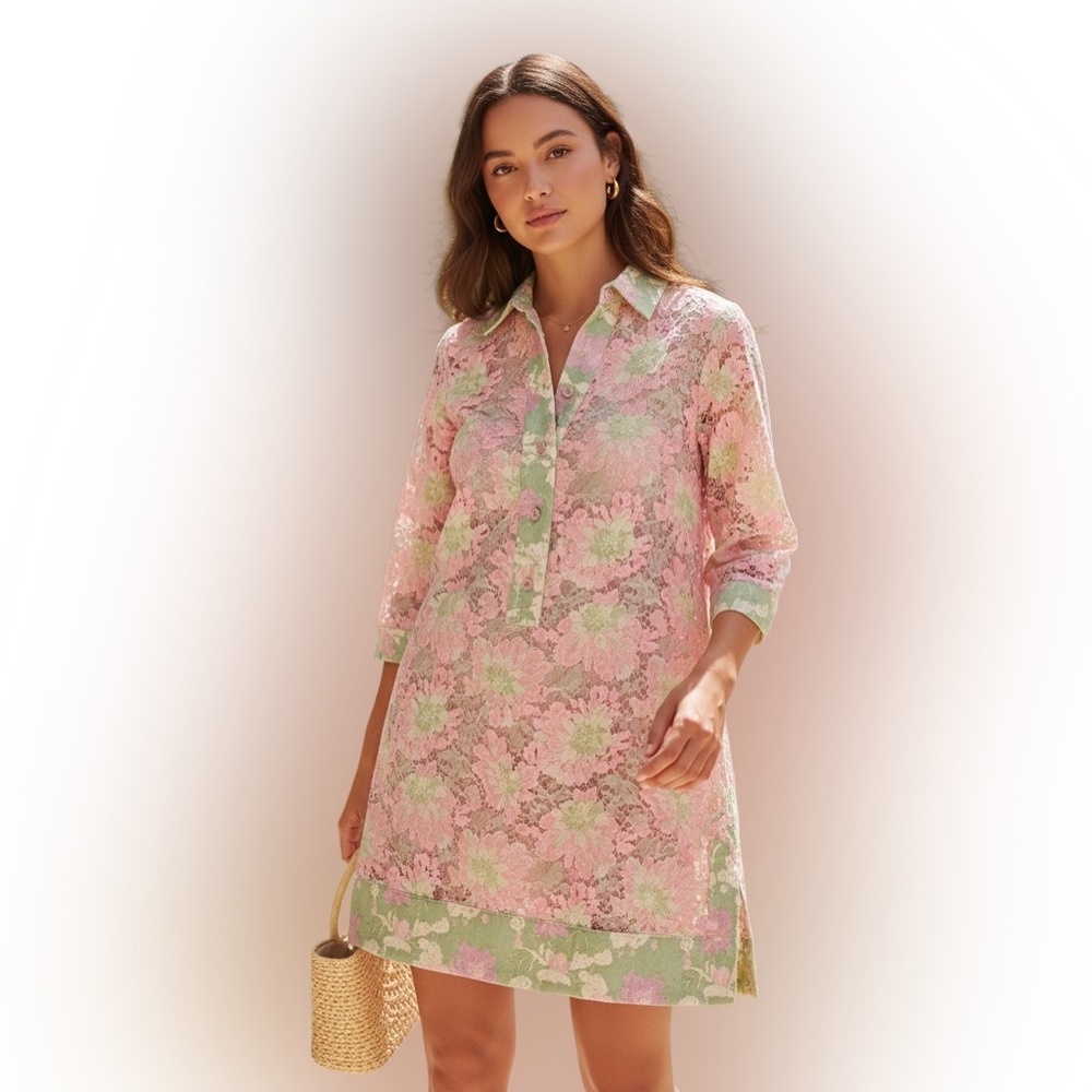 Lace Floral Mini Dress in Pink and Green